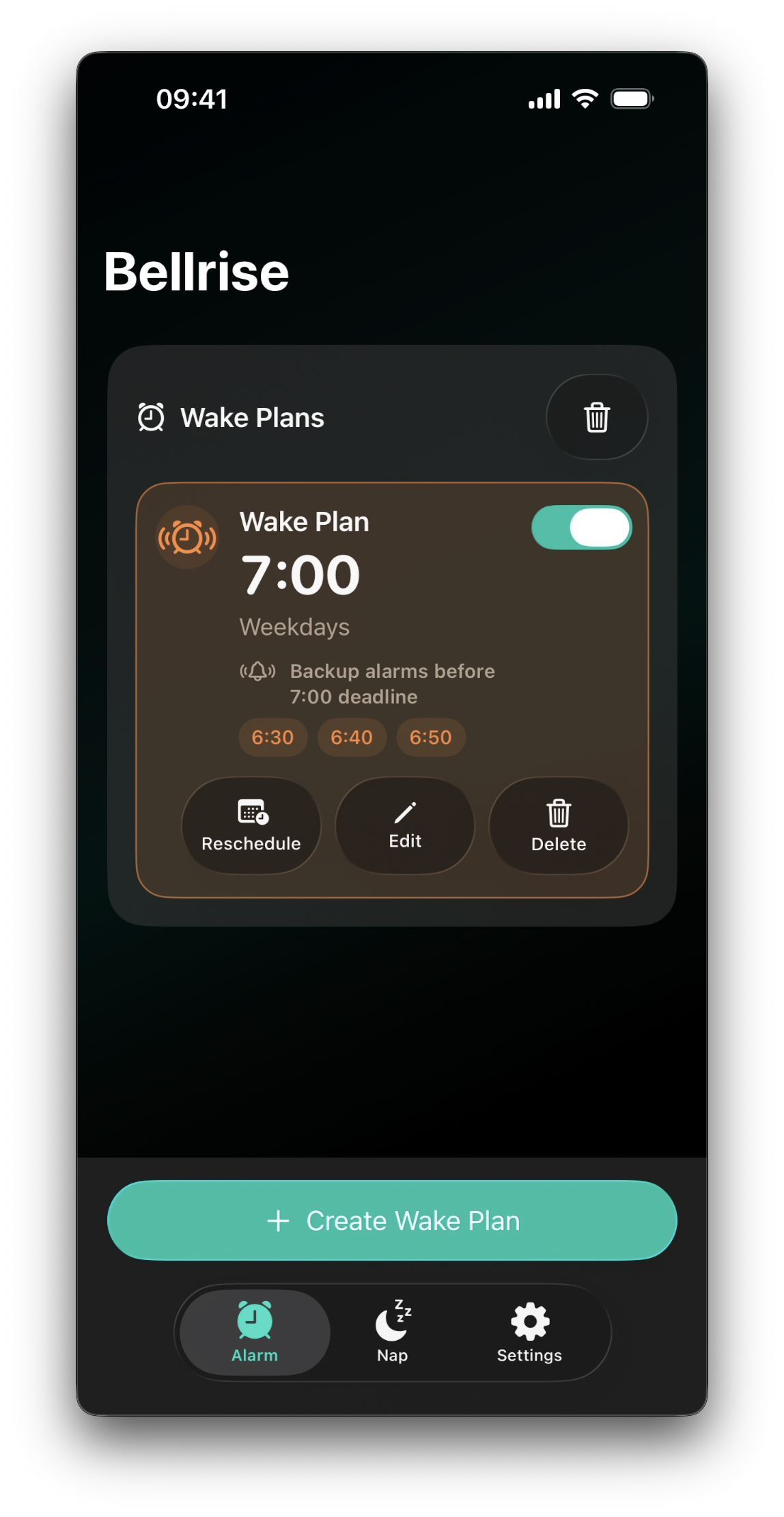 Bellrise wake plan showing backup alarms before a deadline.